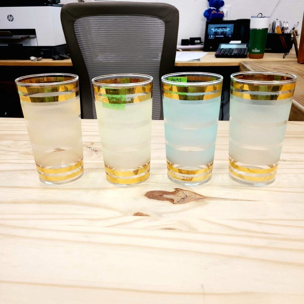 Vintage 1950's MCM Highball Glasses Pastel Frosted, Gold Stripes Set of 4